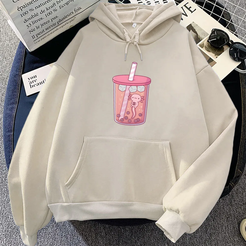 Pink Axolotl Eating Bubble Boba Milk Tea Hoodies Kawaii Cartoon Girls Hooded Pullover Winter Fleece Long Sleeve Sweatshirt Women