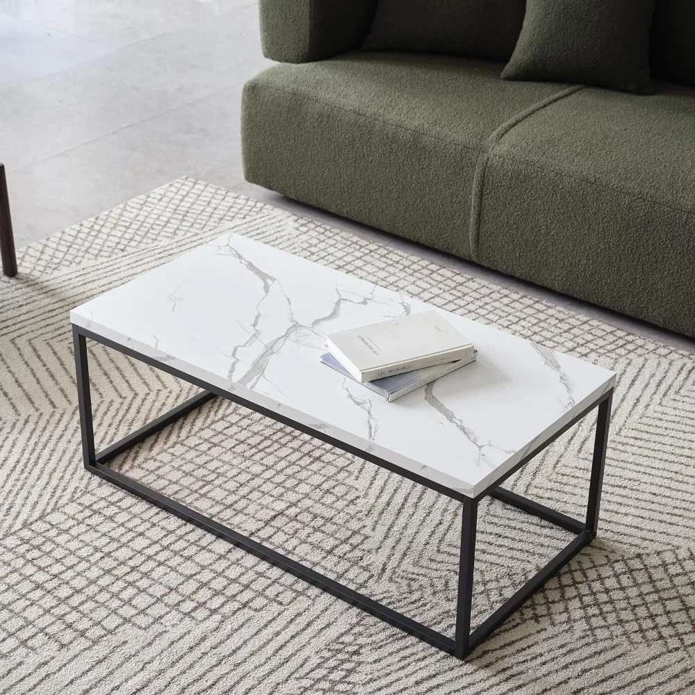 

40-Inch White Marble Coffee Table Ottoman for Living Room, Rectangle, Mid-Century Modern, Extra Thick Top, Wood and Metal