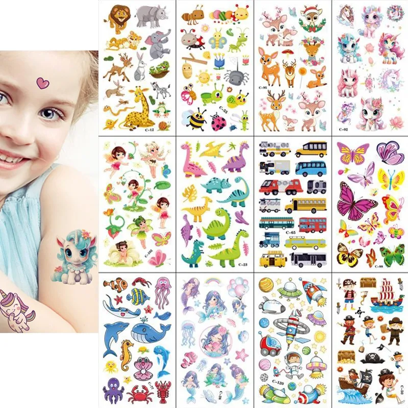 10Pcs Cartoon Fake Tattoo Stickers Cute Unicorn Animals Car Dinosaur Butterfly Temporary Waterproof Kids DIY Tattoo Stickers