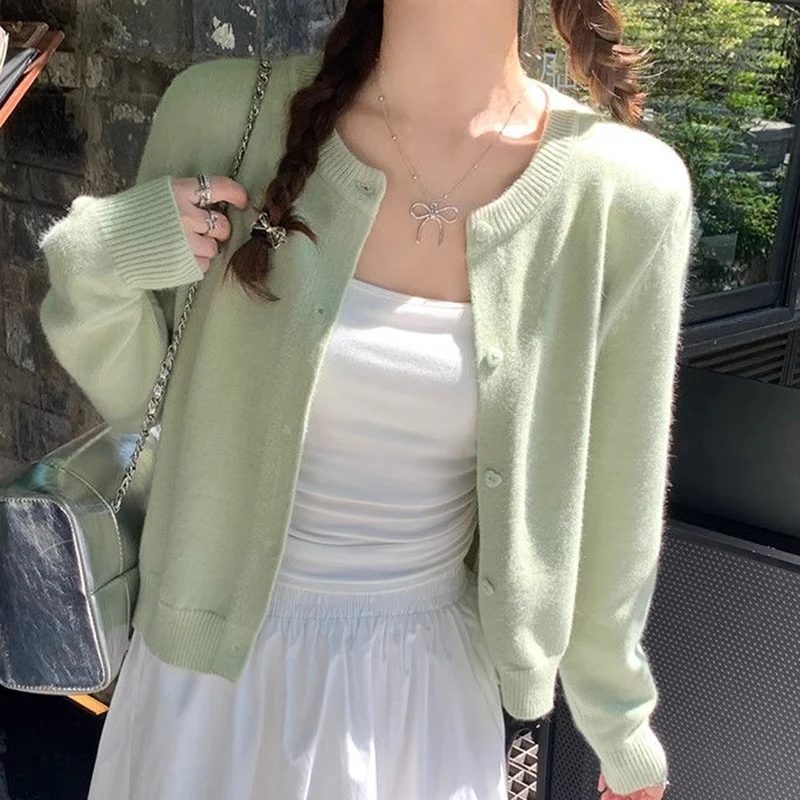 

Sweet Simple Knitted Cardigan Women Autumn Solid Preppy Loose Casual Fashion Sweaters O Neck Long Sleeve All Match Female Tops