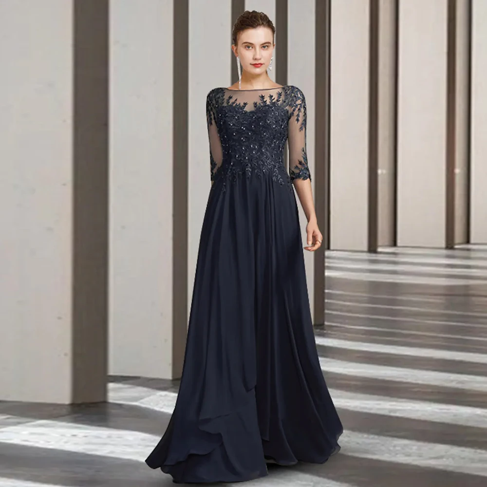 Elegant Dark Navy ชุดเจ้าสาว O คอ3/4แขนชุดแต่งงาน Applique ความยาวชั้น A-Line فساتين السهرة