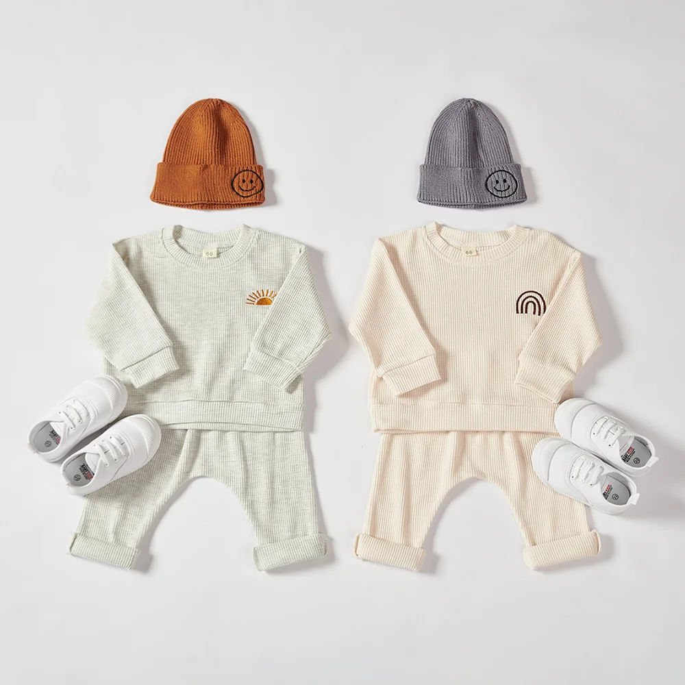 

INS Infant Baby Boy Sets Kids Cotton Clothes Newborn Girls Sun Rainbow Embroidery Sweatshirts + Loose Pants 2 Pcs Suit Outfit