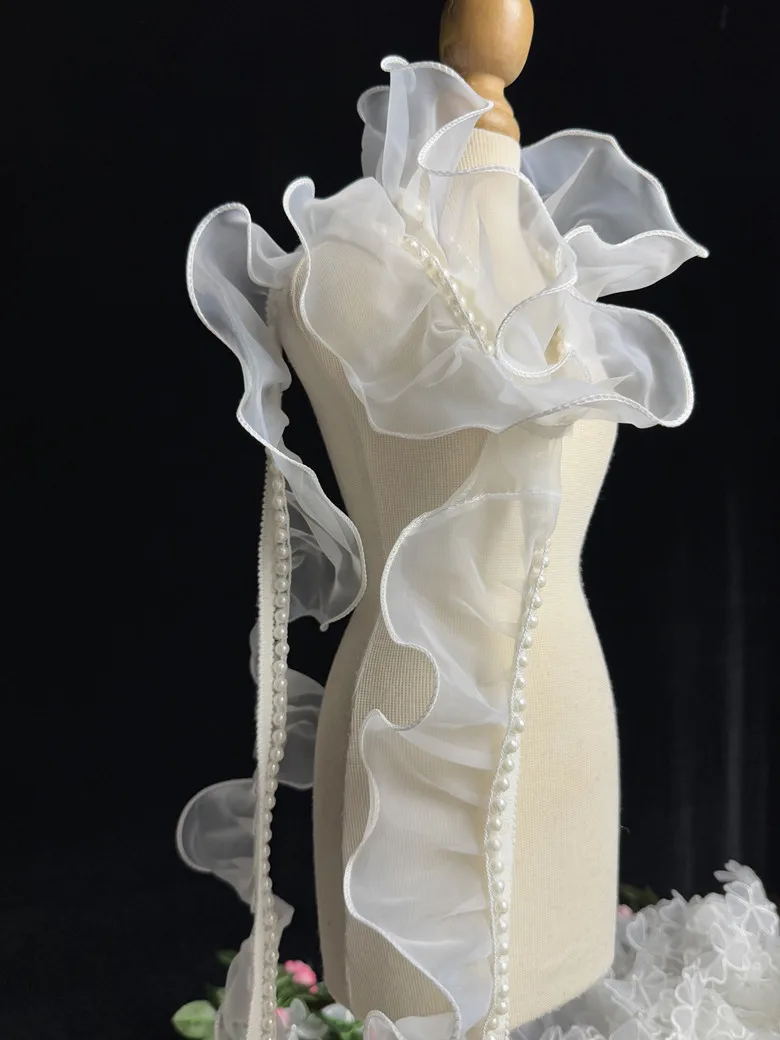 

5 ярдов пряжа Eugen с жемчугом, плиссированная волна, двухслойная кружевная лента, аксессуары для свадебной одежды, кружево