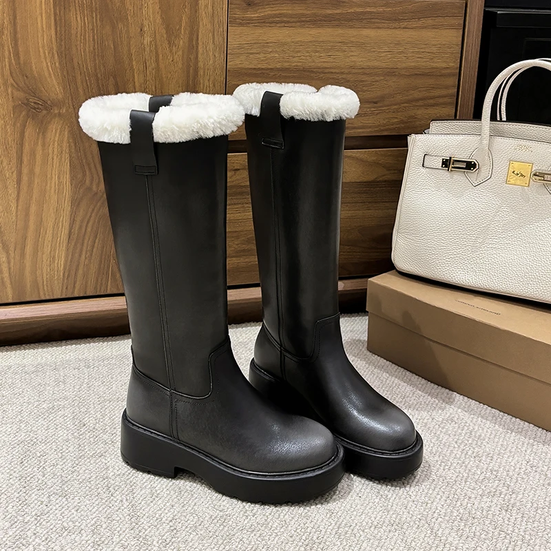 

2025 зимние женские сапоги до колена, модные уличные ботинки из натуральной кожи, шерстяная теплая обувь