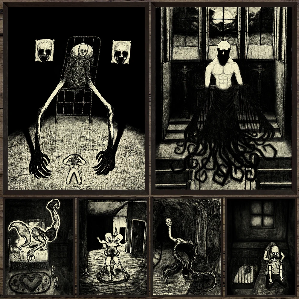 Macabre Visions And Grotesque Figures Gothic Wall Art Canvas Painting,Nightmarish Creatures Black-white Art Poster Print Decor