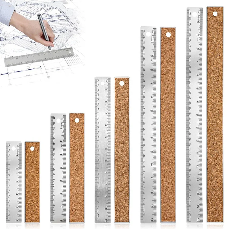 Top-5Pcs Cork Backed Ruler Stainless Steel Ruler, 6/8/12/14/16 Inch Metal Ruler,Straight Edge Ruler Non-Slip Metal Rulers