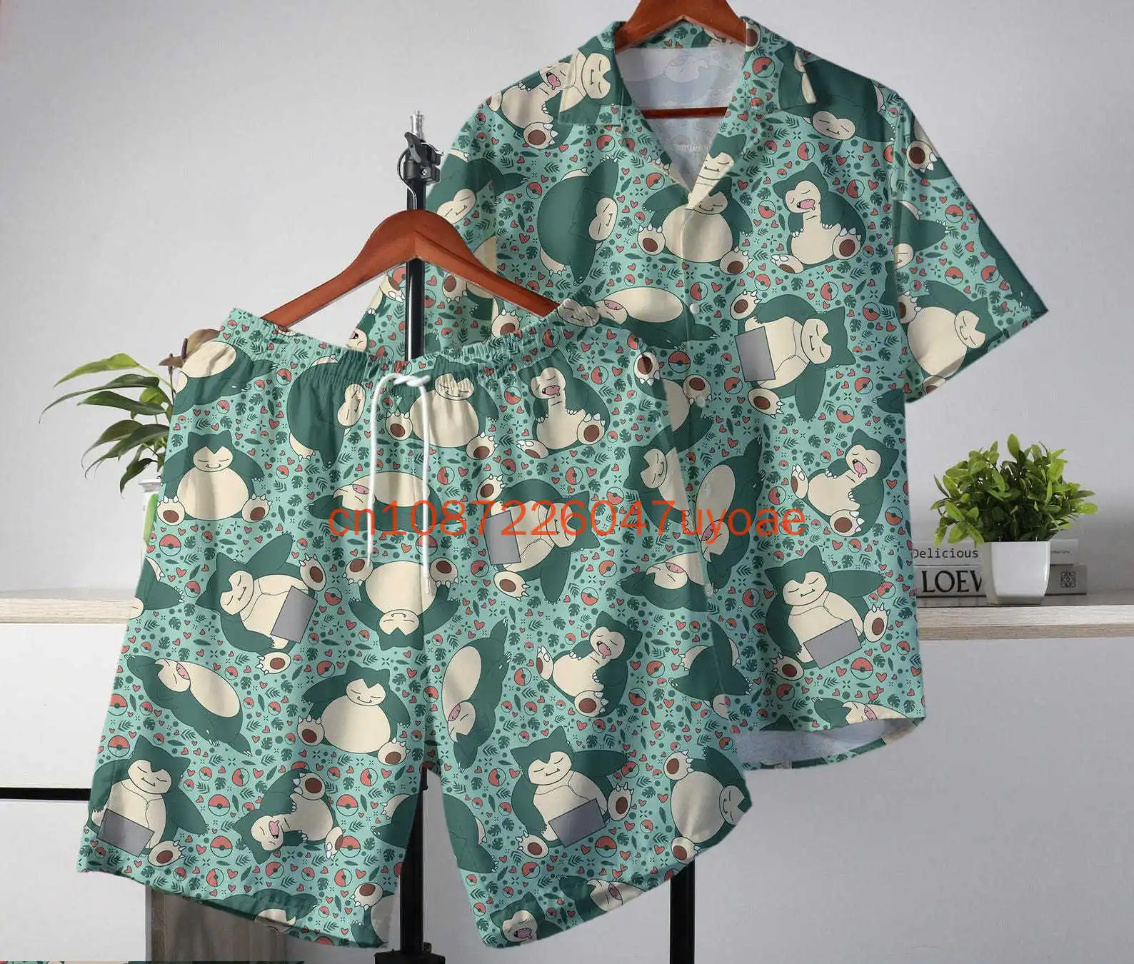 カビゴンアロハシャツアロハハワイセット-3d-プリント男性ポケモントロピカルボタンアップシャツ夏ハワイアンショート