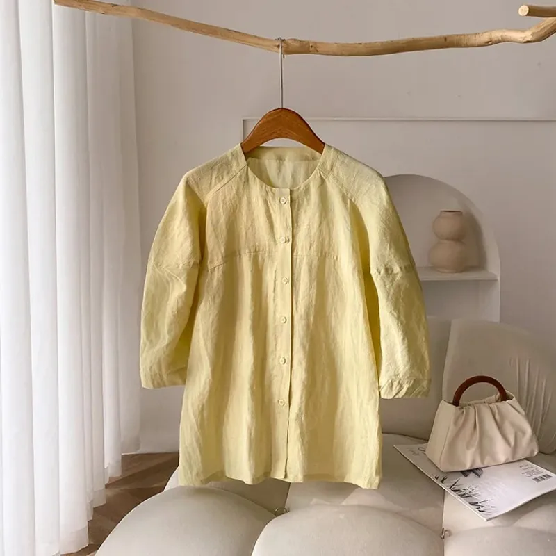 

Women's New Chinese Style Linen Blouse Summer New Minimalist Crew Neck 3/4 Sleeve Loose Casual TopYY221