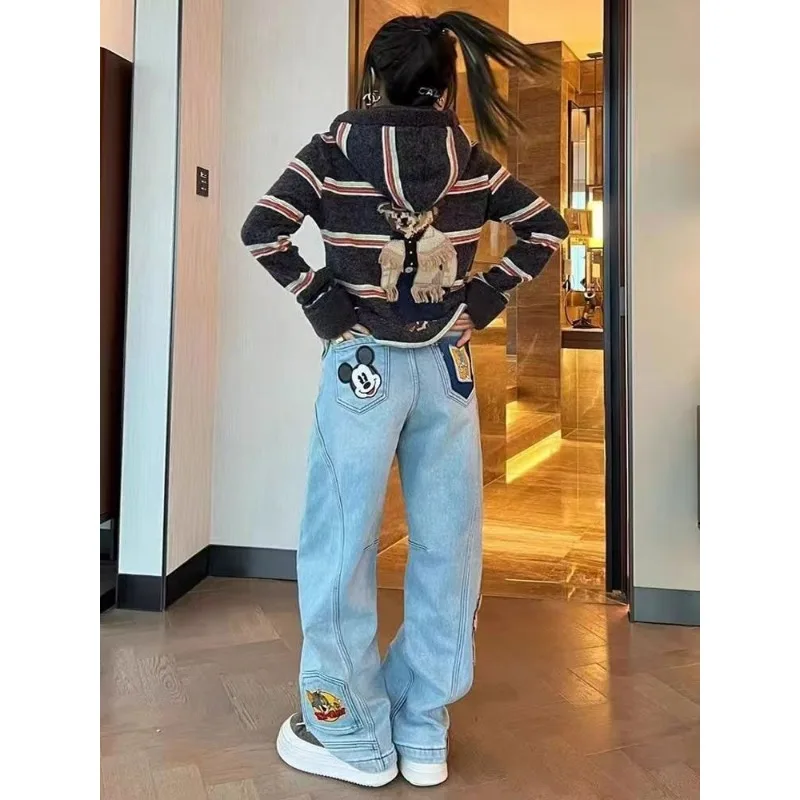 

American European Style Women's New Cartoon Mickey Patch Embroidery Jeans Loose Curved Leg Pants Trendy Slim Fit for Pear Shape