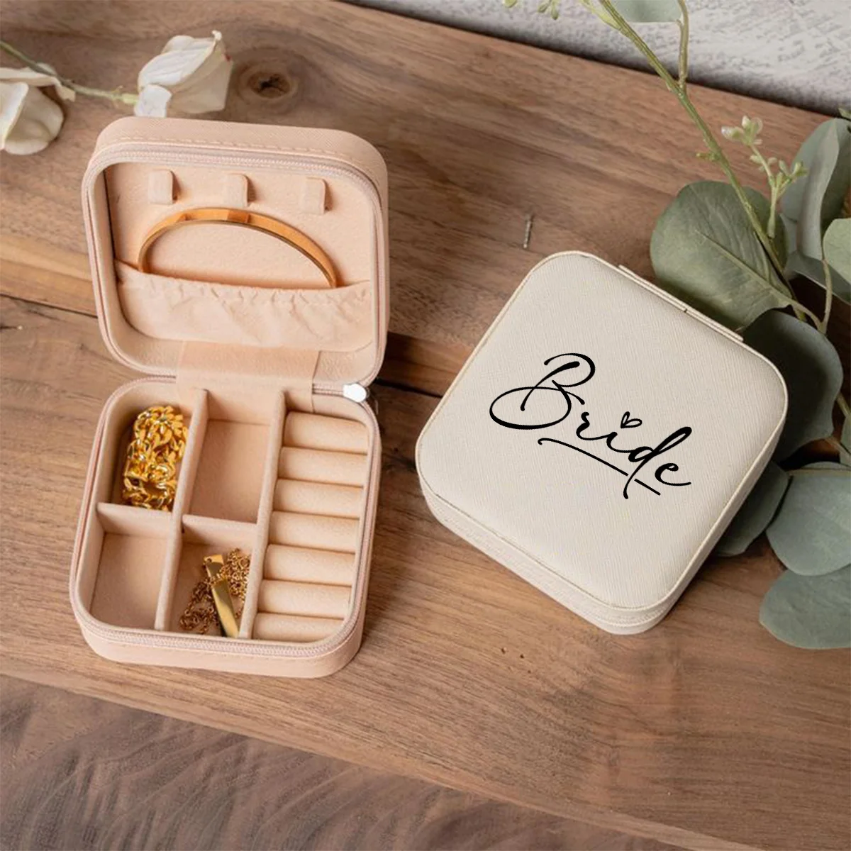 PU leather jewelry box zipper portable travel storage box ring earring jewelry storage box bridesmaid gift