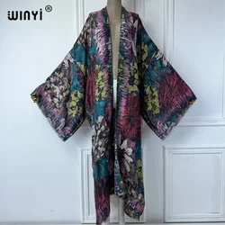 WINYI kimono Tie-dye print Women coat Loose tassels Long Dress elegant Party Boho beach Holiday Swimming Cover Up dress
