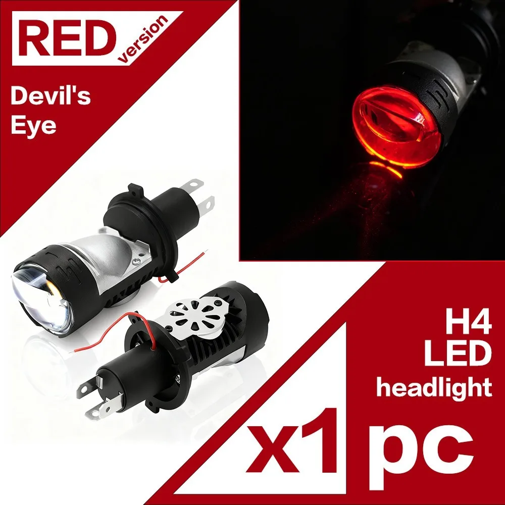 

12V 60W 6000K 9003 HB2 H4 LED Headlight Bulbs with Red Blue Aura Mini Bi LED Projector Lens Hi Lo