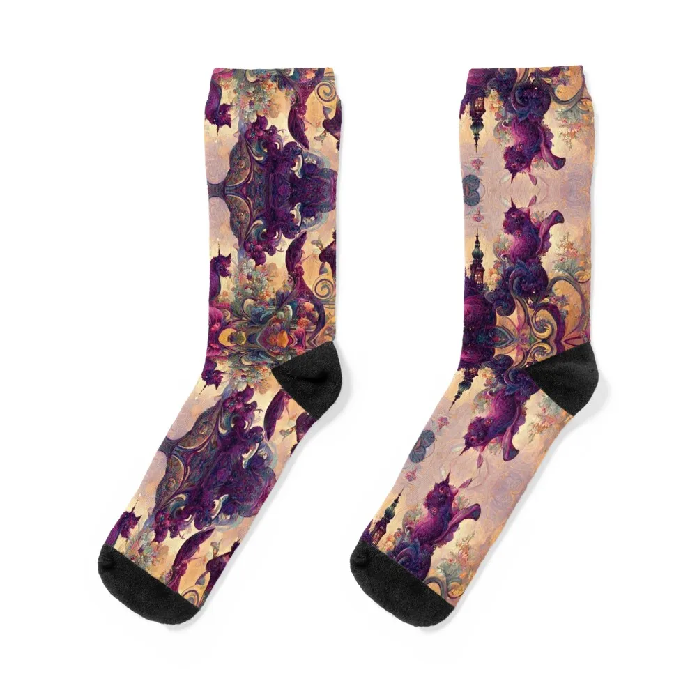 Purple, Violet Fantasy Unicorn, Owl, Creature on Yellow, Orange, Amber floral, fruit motif Socks