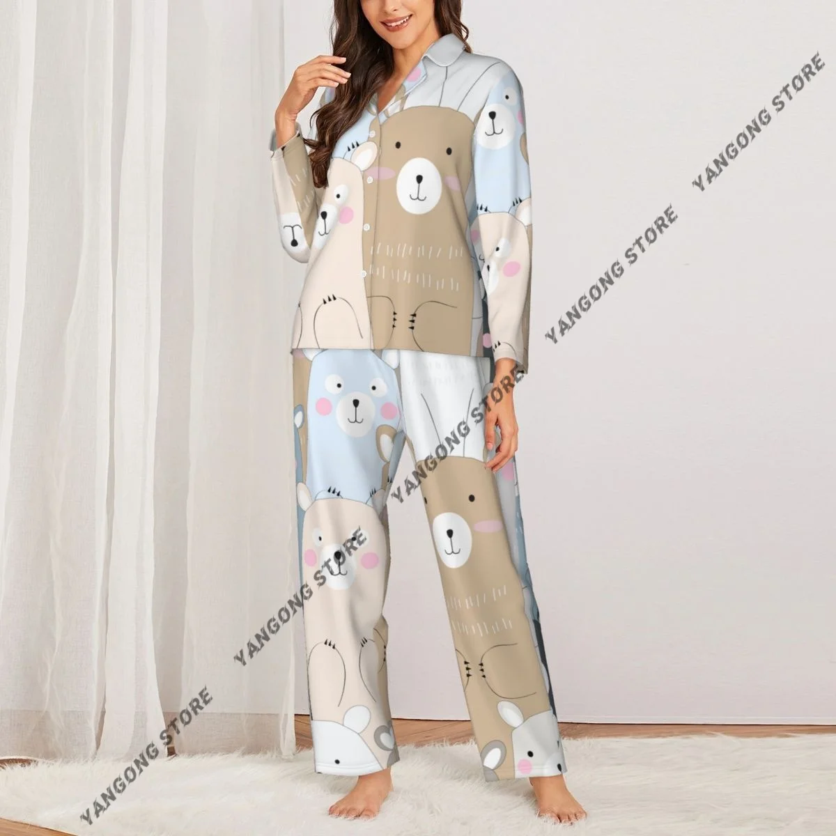 Cute Pastel Bears Womens Pajamas Loungewear Two-piece Sleepwear Button-Down Full Sleeve Long Pajamas Set