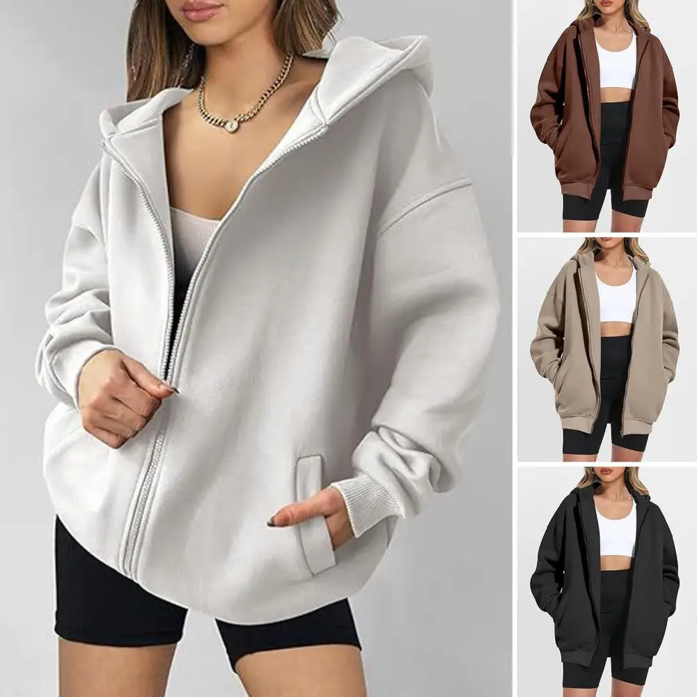 Smart Casual Style Hoodie Zipper Closure Loose Fit Women Hoodie with Thick Pockets Stylish Hooded Women\'s Coat for Fall Winter