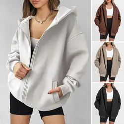 Smart Casual Style Hoodie Zipper Closure Loose Fit Women Hoodie with Thick Pockets Stylish Hooded Women's Coat for Fall Winter