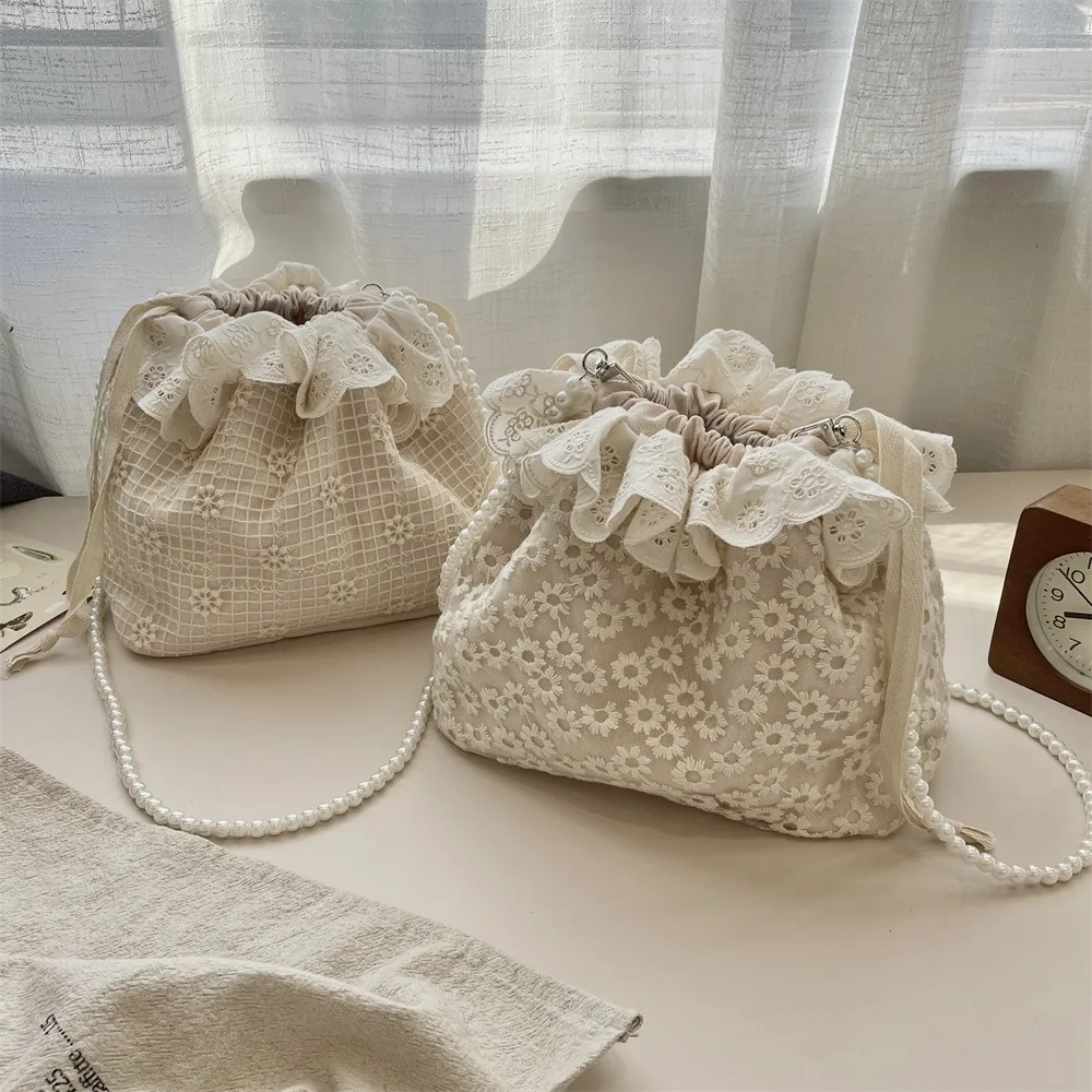 Korean Style Drawstring Lace Flower Bag Pearls Chain Printing Small Crossbody Bag Beige Portable Bundle Bucket Handbag Outdoor