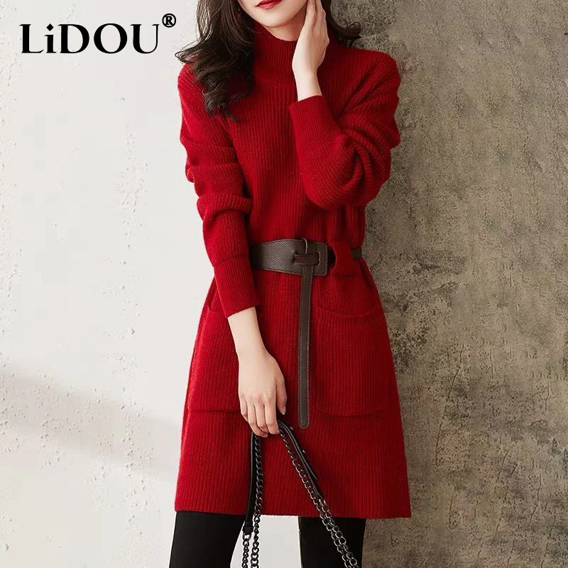 Autumn Winter Half High Collar Solid Color Loose Casual Belt Dress Women\'s Elegant Fashion Knitting Waist Vestidos Female Robe