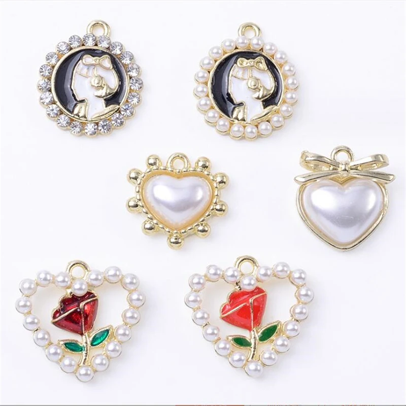 10Pcs/Lot New Retro Imitation Pearl Heart Charms For Diy Earrings Necklace Pendant Jewelry Findings Making Craft Accessories