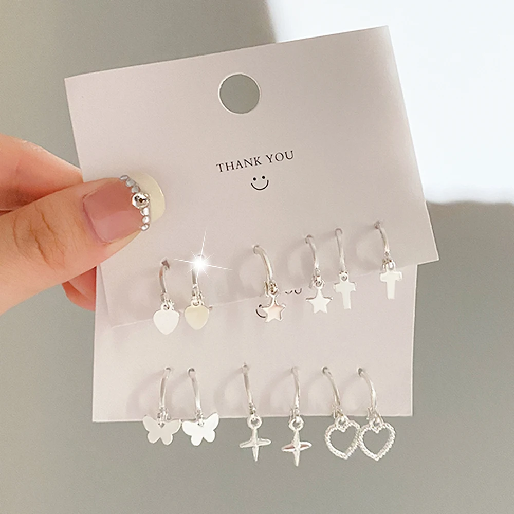 KINFOLK Cute Black Heart Bow Earrings Set For Women Girls Silver Color Star Cross Hoop Earrings Fashion Jewelry Party Gifts 2022