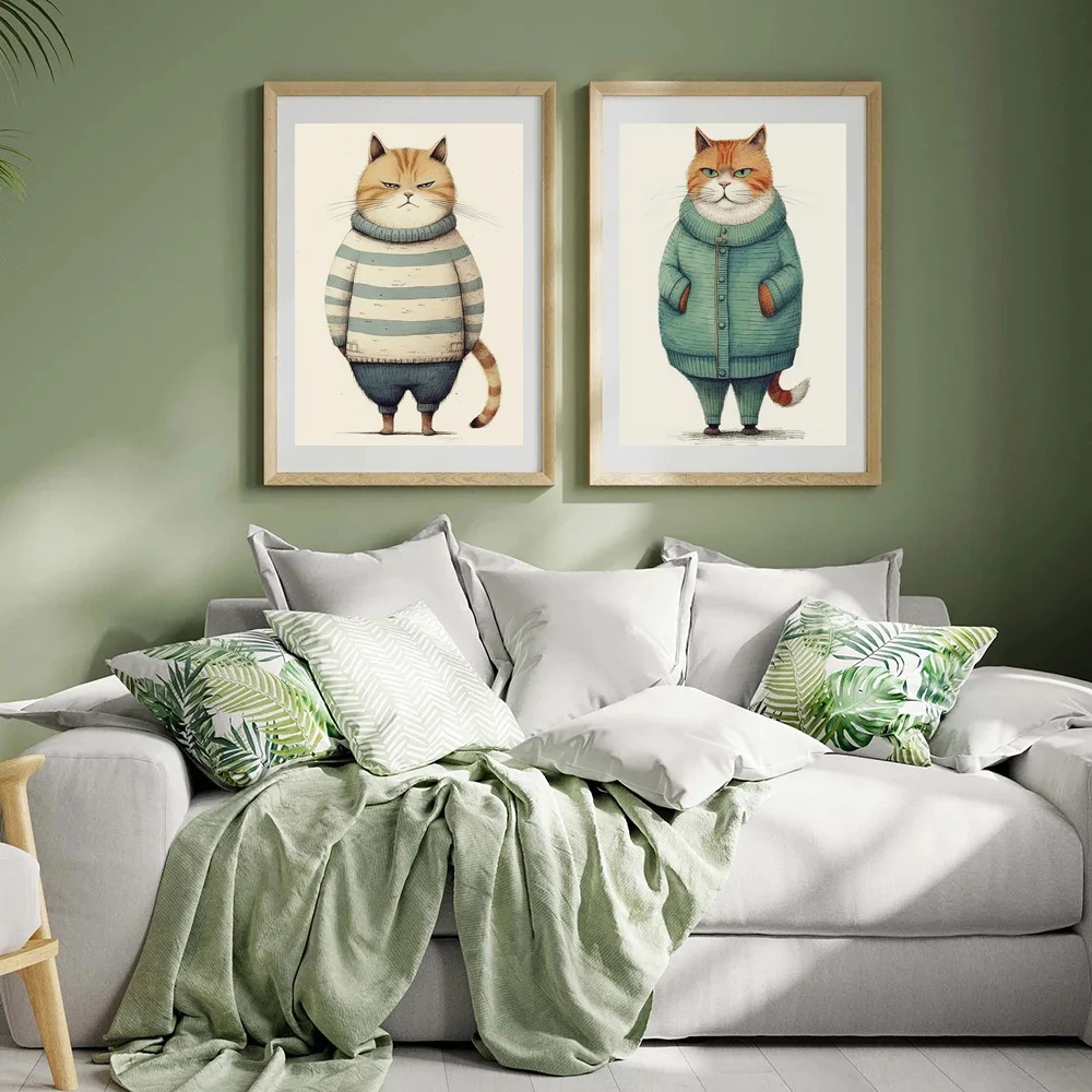 Funny Chubby Cat in Cozy Sweater Fat Orange Cat Cartoon Lovely Animals Poster Canvas Painting Wall Art Pictures Home Decor