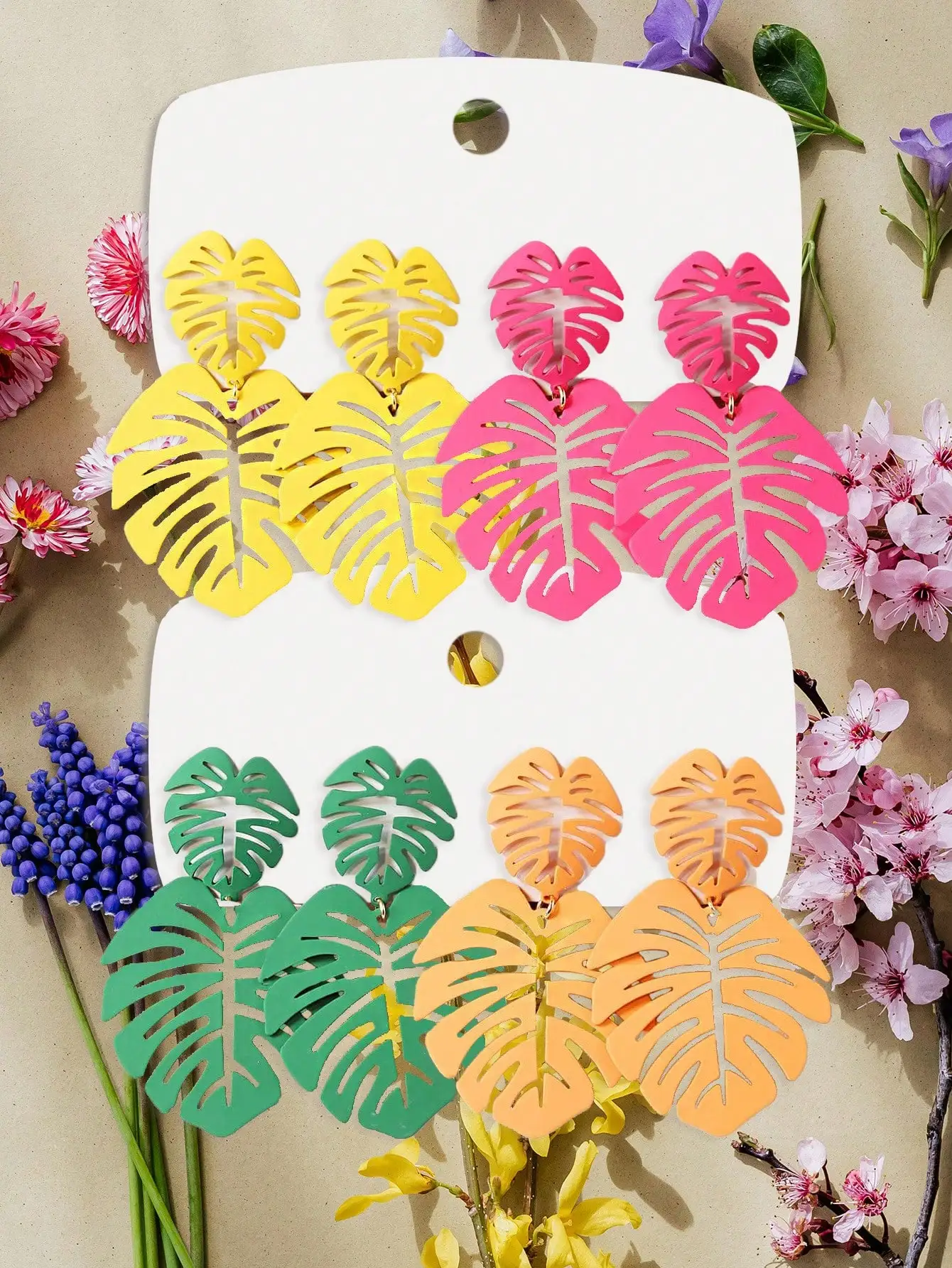 

4 Pairs Tropical Monstera Leaf Drop Earrings in Vibrant Colors for Summer Beach & Party