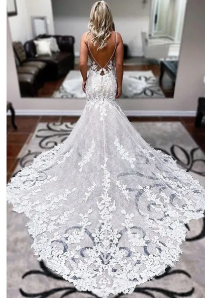 Luxury Lace Mermaid Wedding Dresses Deep V-neck Backless Boho Bridal Gowns Buttons Long Train