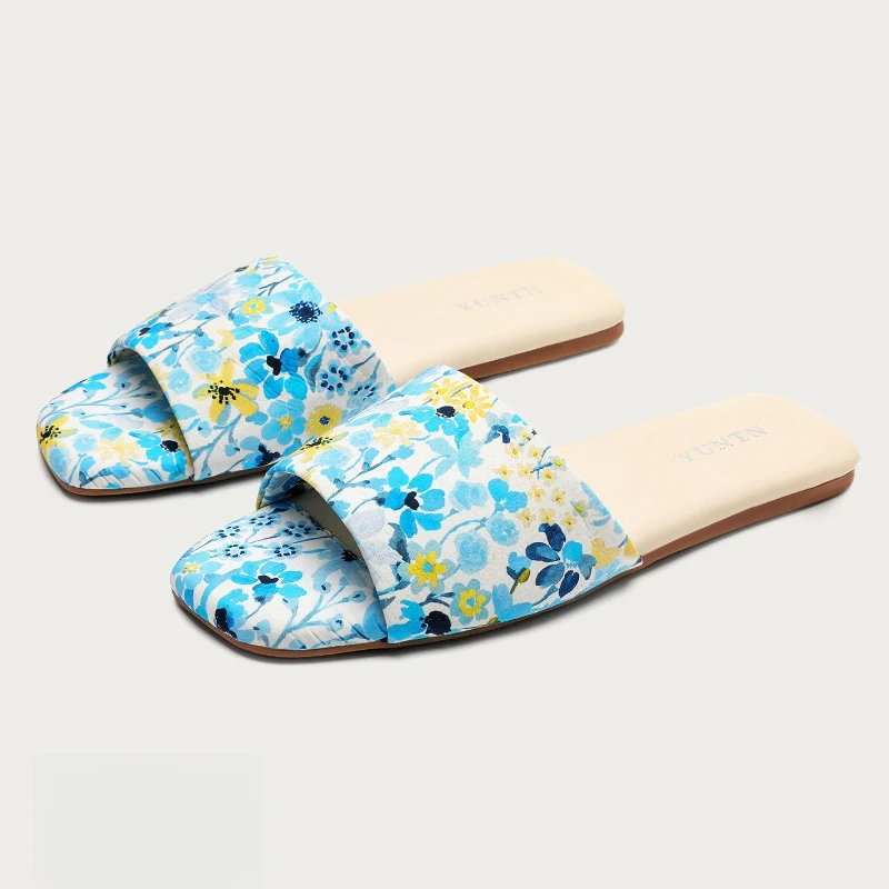 Chinese Style Colorful Printed Flat Slippers Women 2026 Summer Open Toe Square Toe Slide Sandals Comfort Designer Home Slippers