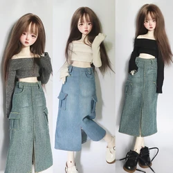 New (1/4 BJD Doll Clothes) Off Shoulder Sweater Knit Tops Split Denim Long Skirt Vintage Dress for 1/4 SD MSD Dolls Accessories