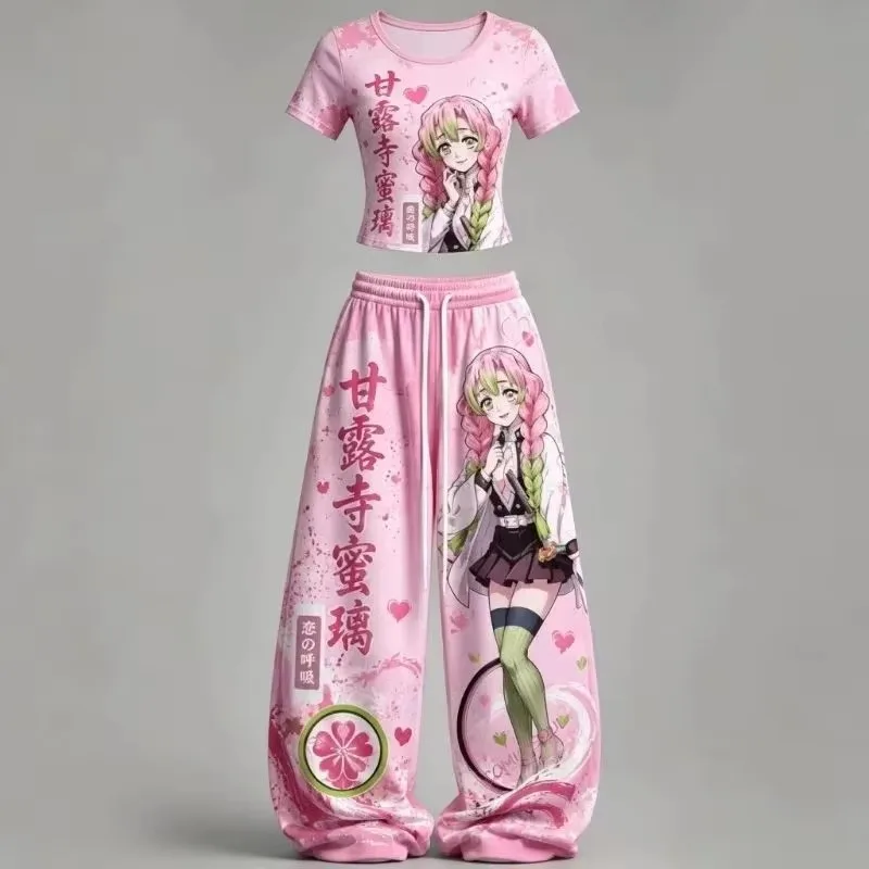 New Anime Art Print Matching Set for Men Women Short Sleeve Top & Loose Trousers Breathable Outfit Popular Anime Family Outfits