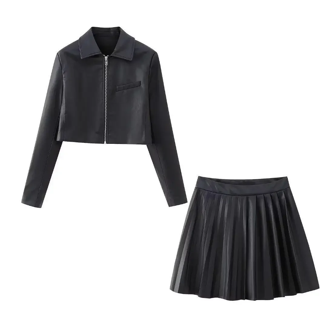 Traje de cuero negro para mujer, conjunto de falda, Blazer con cremallera y vestido de graduación, ropa de trabajo Formal de negocios, chaqueta informal, abrigo para niña caliente