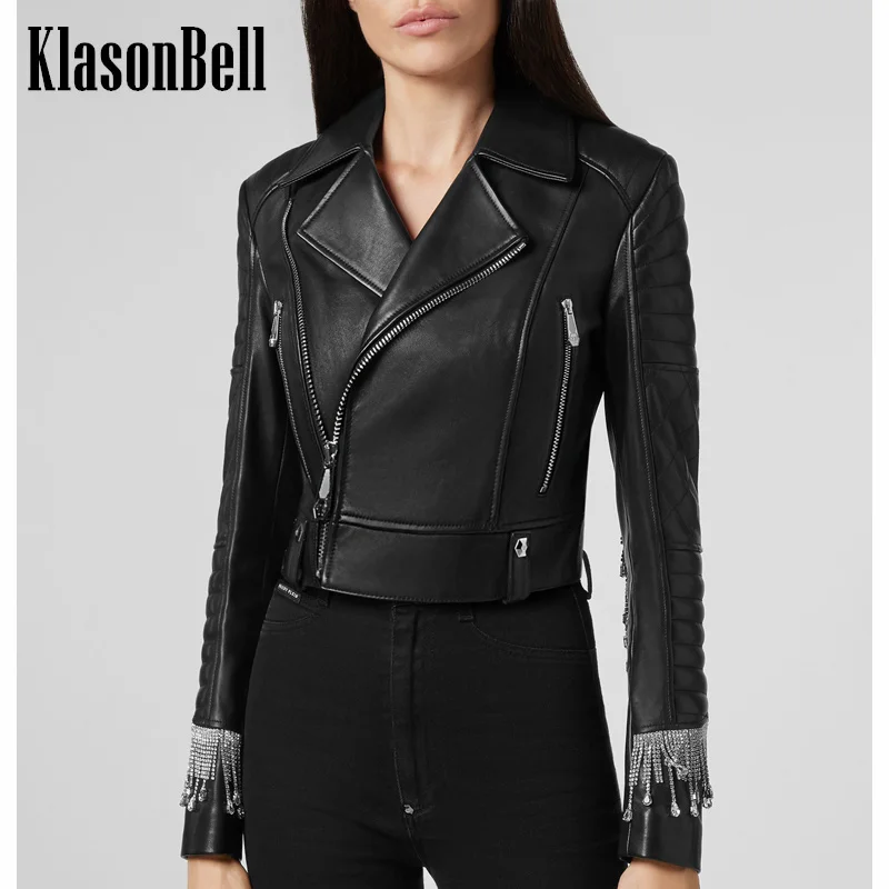 11.6 KlasonBell Genuine Leather Luxury Temperament Tassel Crystal Diamonds Decoration Zipper Short Sheepskin Jacket Women