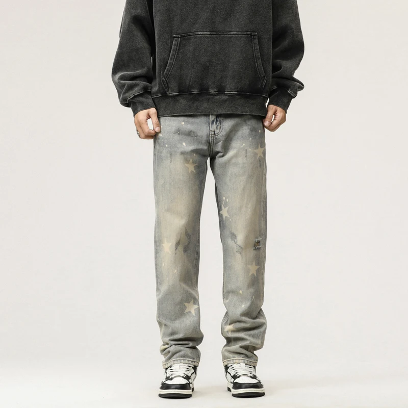 Vintage American Style Men's Straight-Leg Denim Trousers Casual Loose Fit High Street Fashion InsTrousers Versatile Streetwear