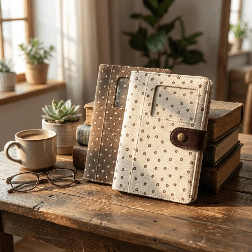 DIY Polka Dot A7 Notebook Card Pocket Denim Fabric Journal Binder Cover Snap Button Loose Leaf Loose-Leaf Notebook Cover