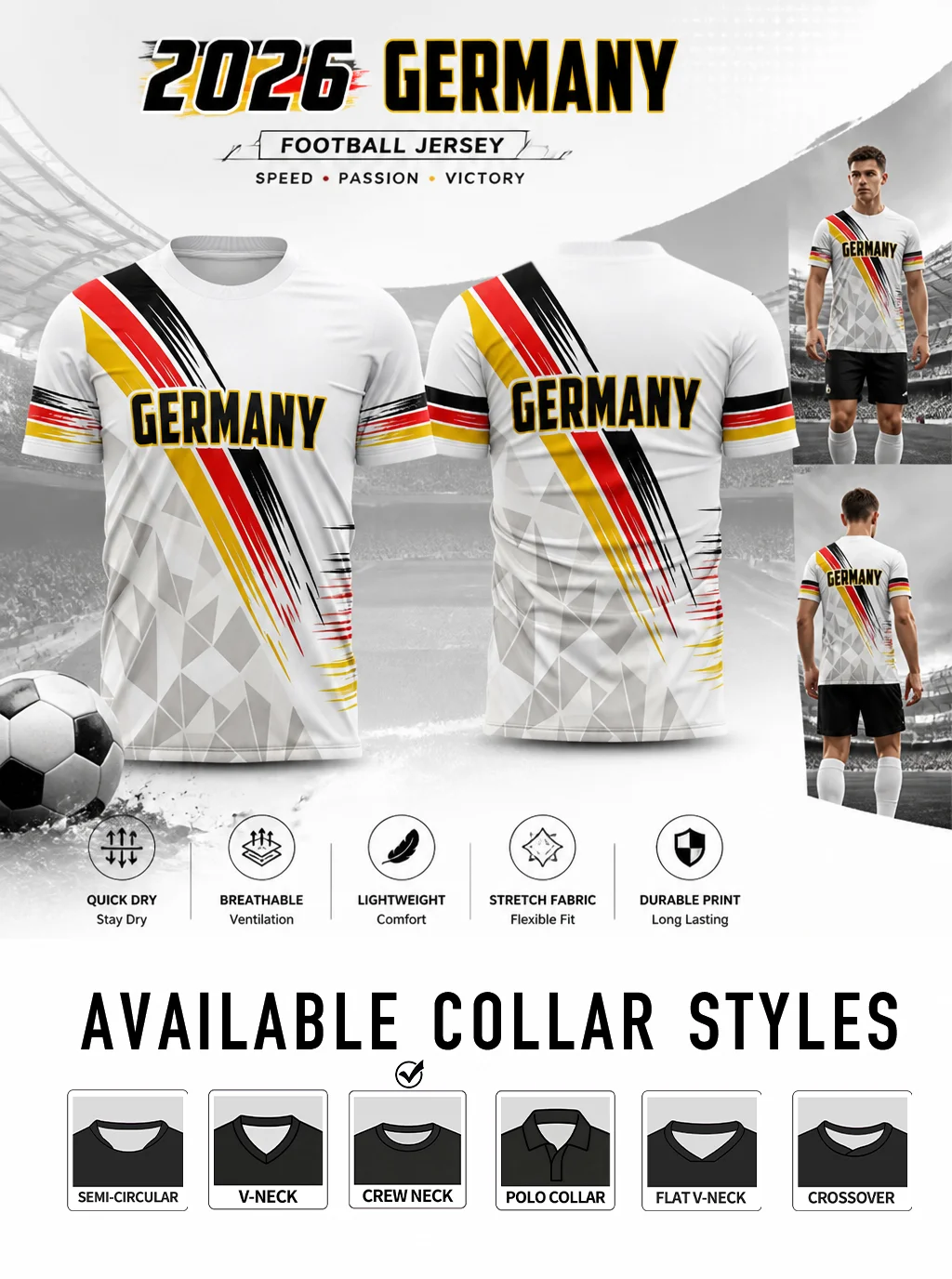 Germany themed football jersey,dynamic flag‑color stripes,geometric texture,stretchy breathable fabric,athletic fit