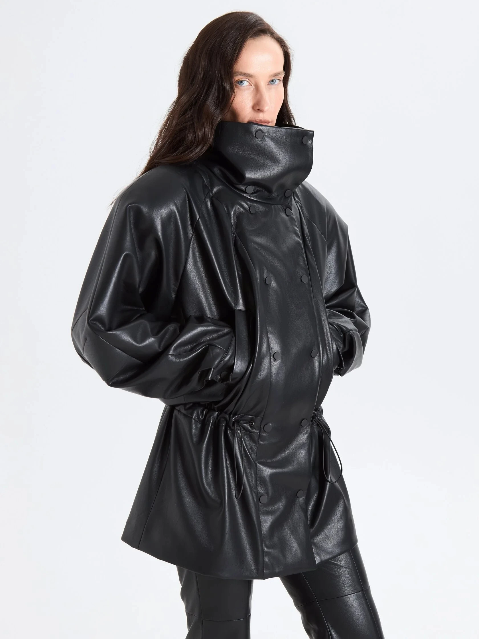 Women Faux Leather Parka Jacket Oversized Lapel Collar Drawstring Waist Double Breasted Loose Windproof Female PU Outerwear Coat