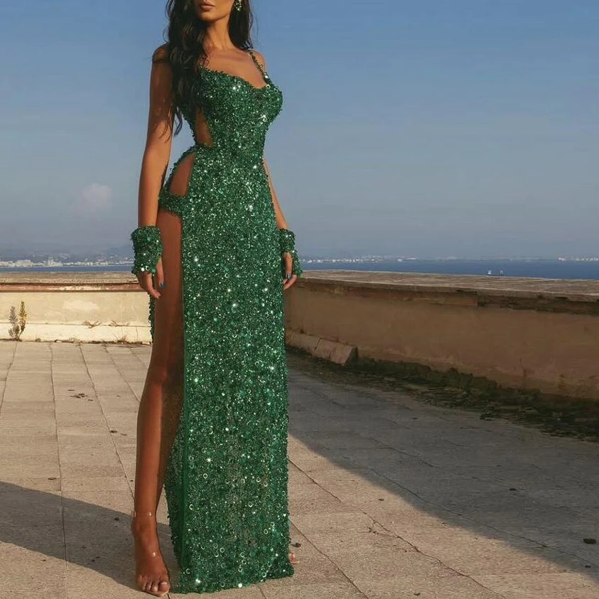 

Green Sexy Evening Dresses High Slit Column Spaghetti Straps Side Cutaway Long Formal Prom Night Party Gowns African 2023 Maxi