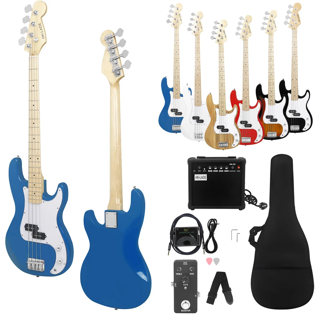 Blue HK-LADE Electric Bass Set Maple Fretboard Electric Bass Guitar Set with Amplifier Bag Strap Picks 3M connection line Parts