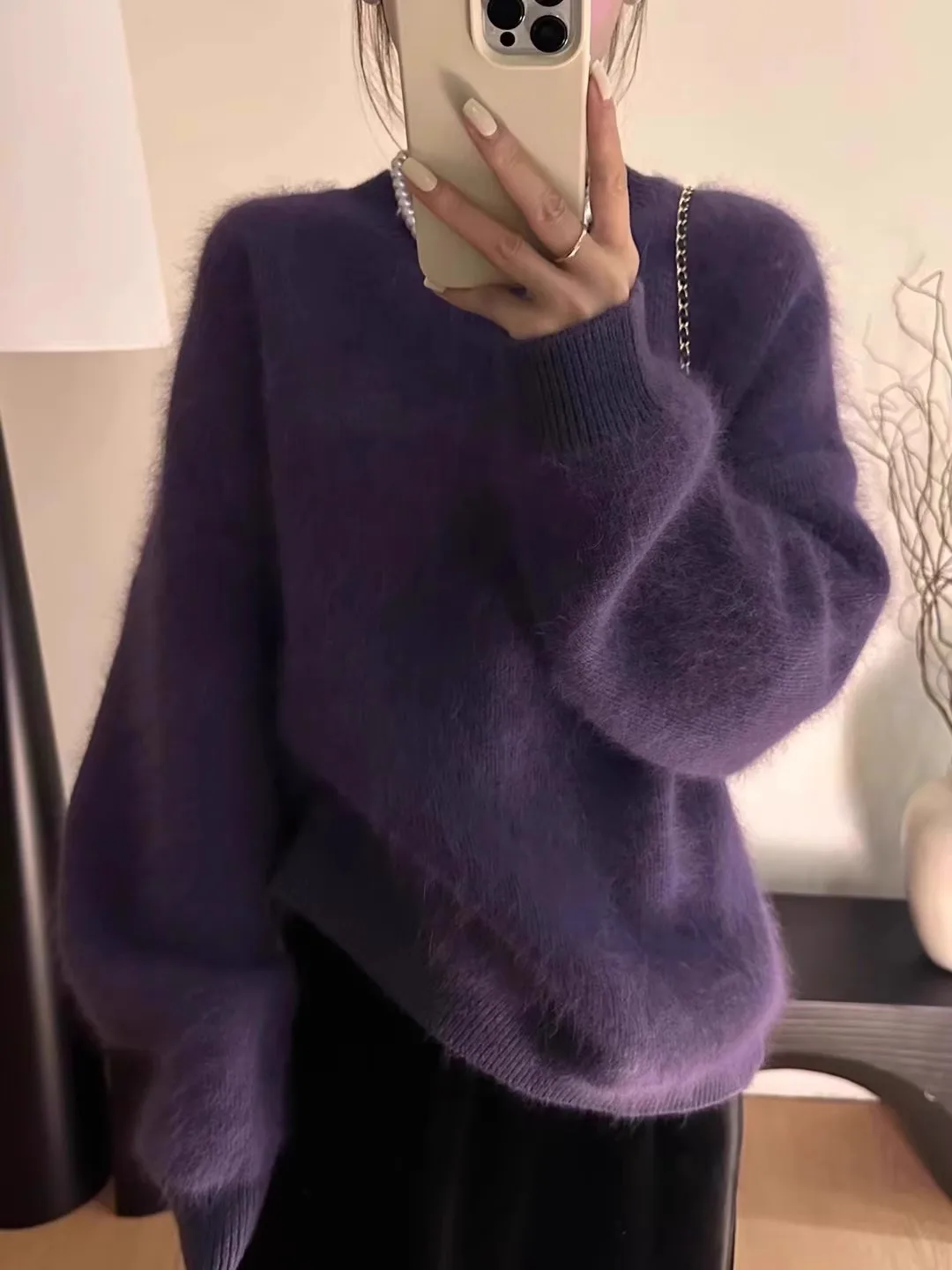 High Quality Lazy Style Fall Winter Purple Mohair Soft Loose Pullovers Oversize Women O Neck Knitted Loose Sleeve Loose Sweater