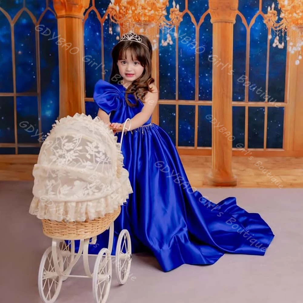 Vestido de fiesta azul real para niñas, vestido de baile de un hombro, vestido de princesa para cumpleaños con tren, vestido personalizado de flores para boda para niños de 2 a 14 años