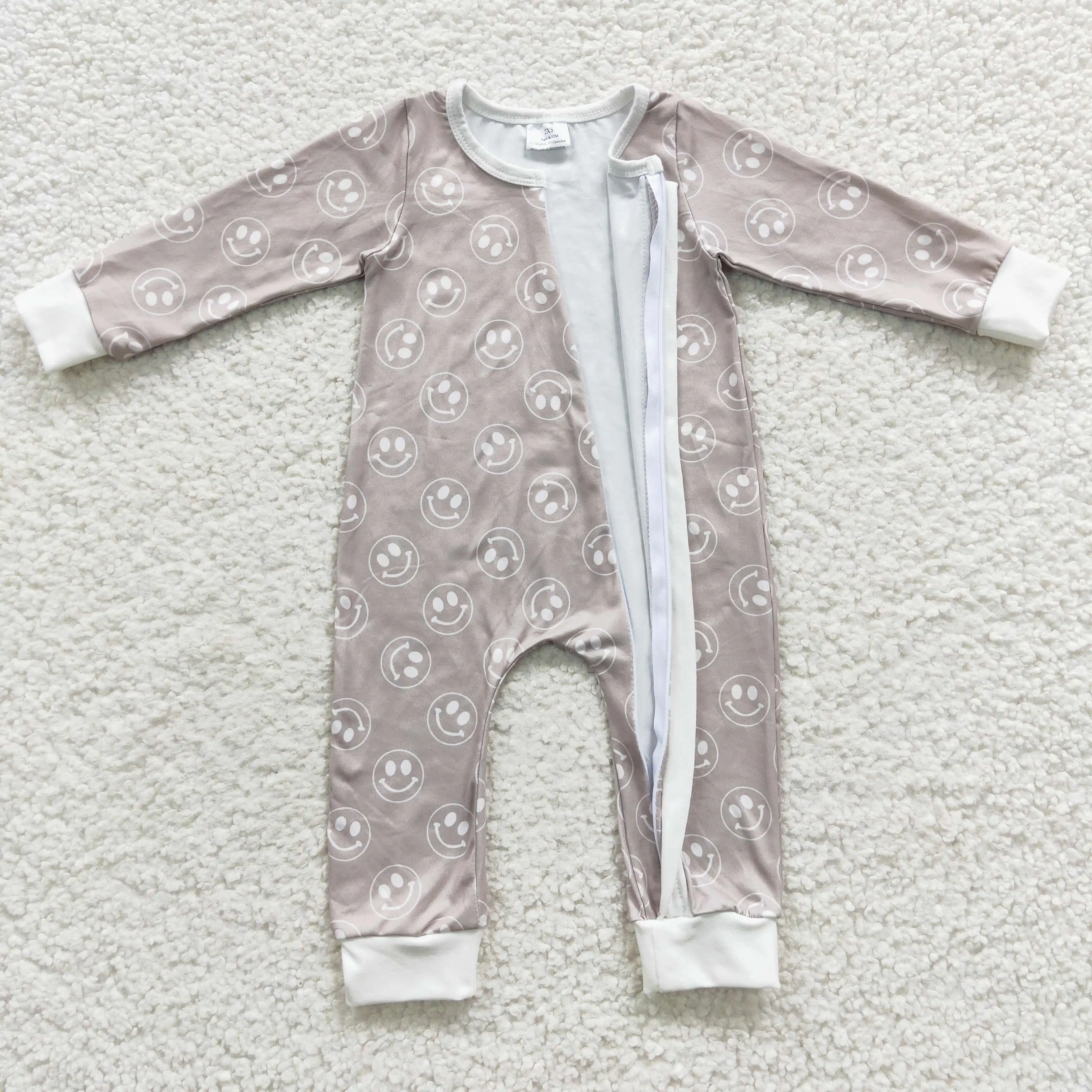 2​023 New Design Wholesale RTS Smile Pattern Kids Zip Sleepers Newborn Winter Rompers Boutique Toddler Bodysuits