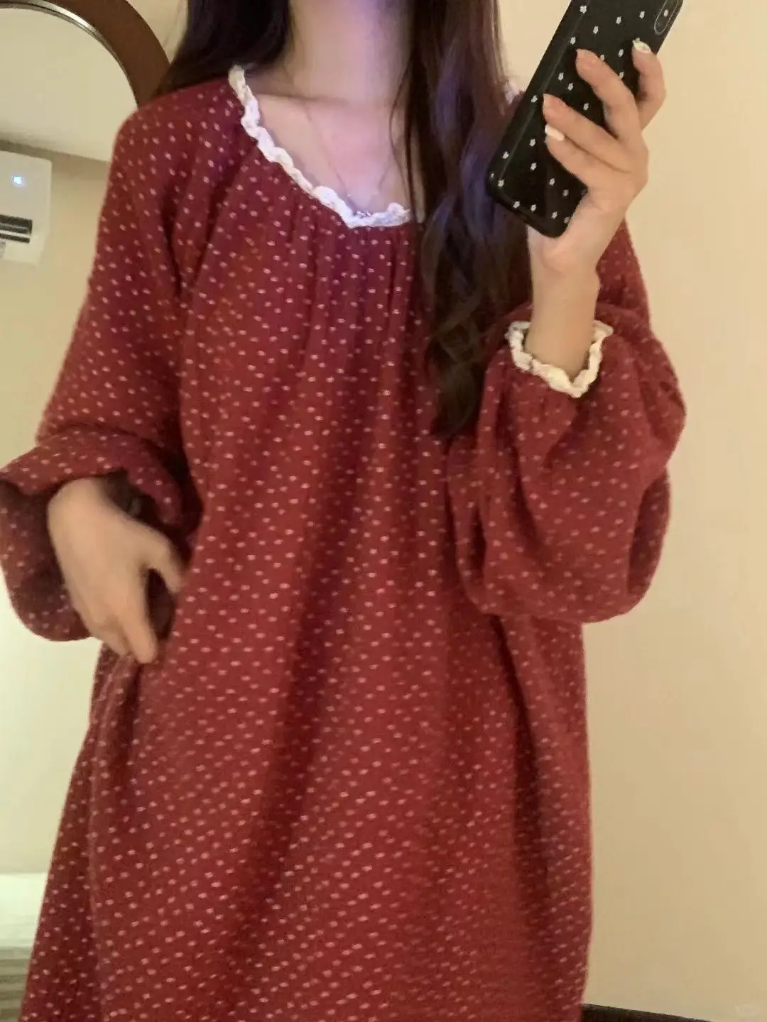 الكورية لطيف البولكا نقطة الأميرة نمط ثوب النوم للنساء ربيع الخريف الكورية فتاة فضفاضة طويلة الأكمام ثوب النوم بيجامة فستان جديد