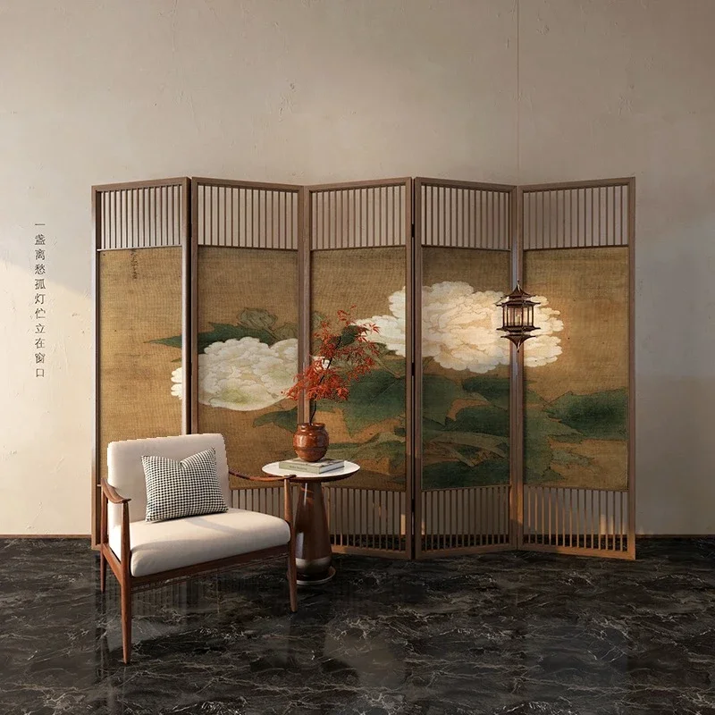 Retro flower partition folding mobile new Chinese style living room office blocking hotel tea room solid wood folding 4