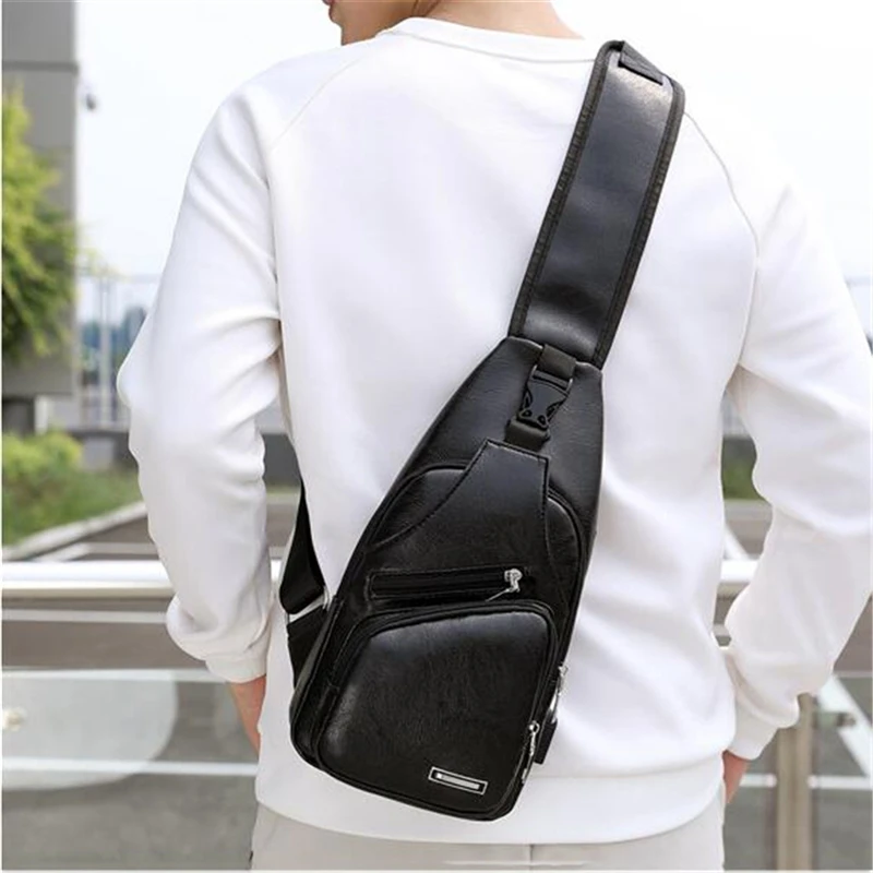 Man Leather Chest Bag Waterproof Single Shoulder Pack Portable Charging Outdoor Leisure Sports Crossbody Bags With USB Port