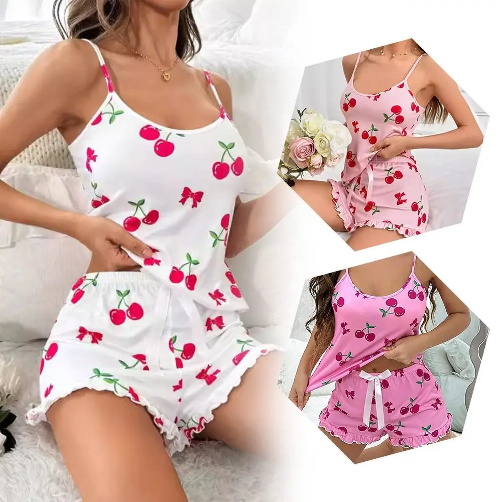 

Модный комплект из двух предметов: атласная пижама с круглым вырезом и топом без спинки, дышащий домашний комплект с вишневым принтом для женщин