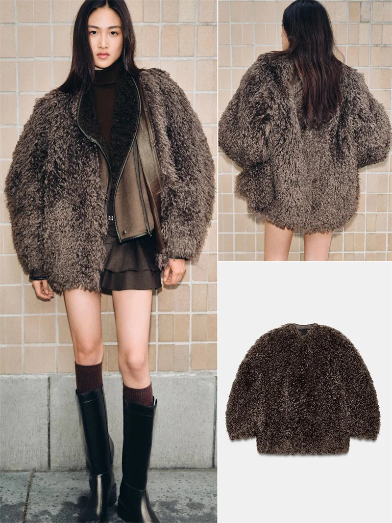 

Ele round Ne Long Sve Faux Fur Jaet Eco-Friendly Women's Outerwear Winter New Arrival Pure Color Universal Fit