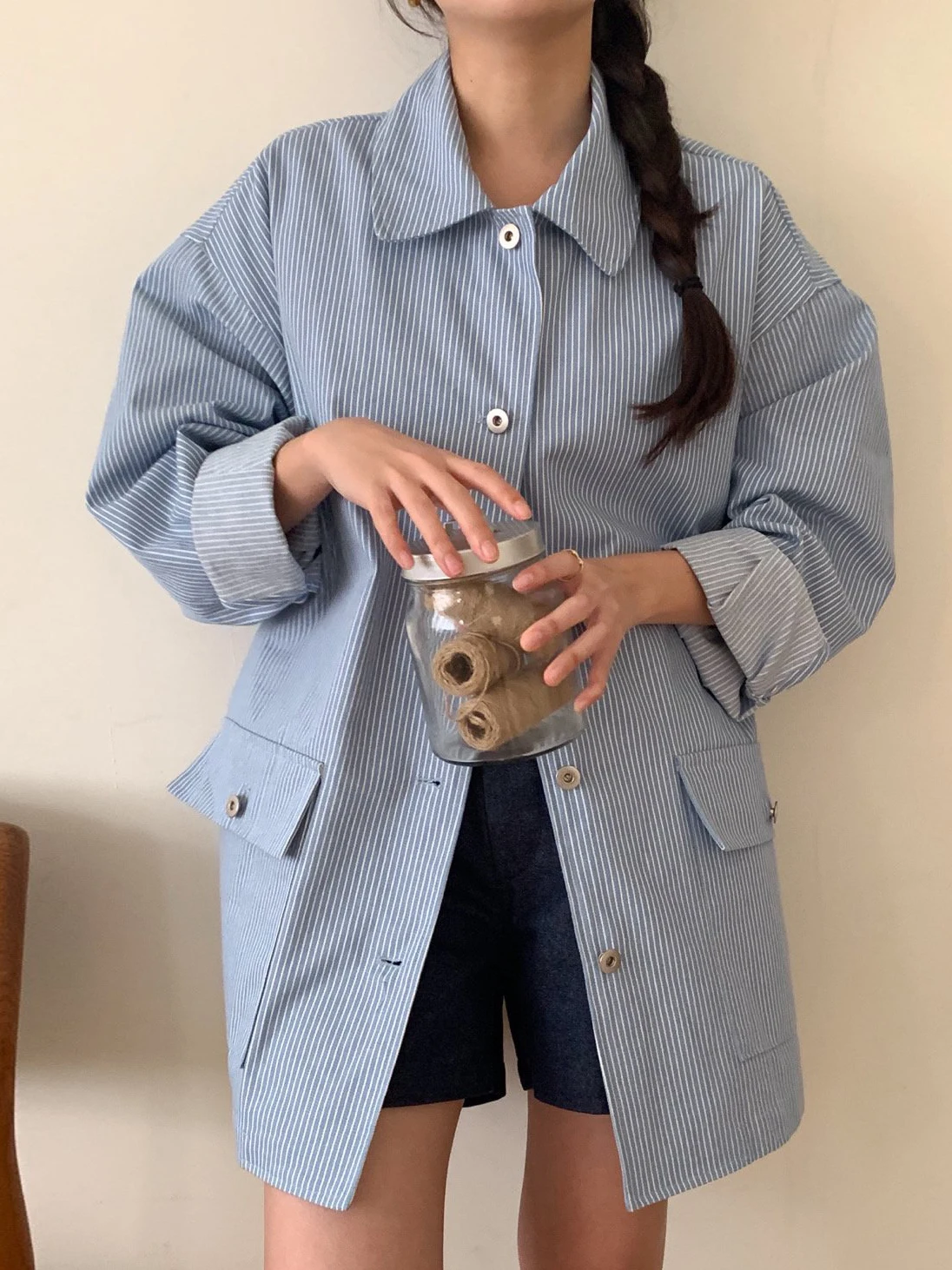 

Blue Oversized Stripe Long Sve Women's Coat Chic Loose Design Sense Retro Striped irt Cardigan Autumn New Arrival