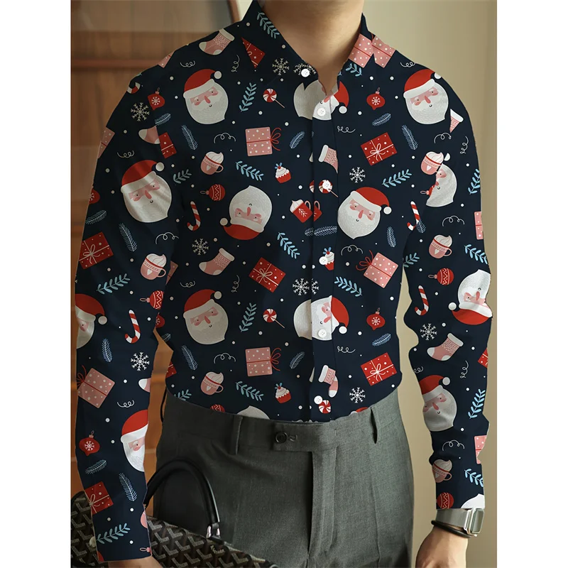 Santa Claus Pattern Hawaiian Shirts For Men Christmas Decoration 3D Printed Blouse Casual Loose Aloha Shirts Long Sleeves Tops