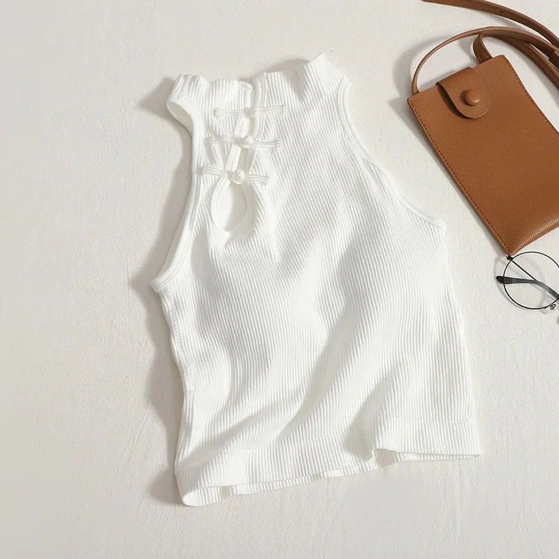 2025 الصيف النساء خمر الصينية زر الأبيض تانك القمم الرسن القمم س الرقبة لطيف Y2k المحاصيل القمم قبالة الكتف القمم للفتيات