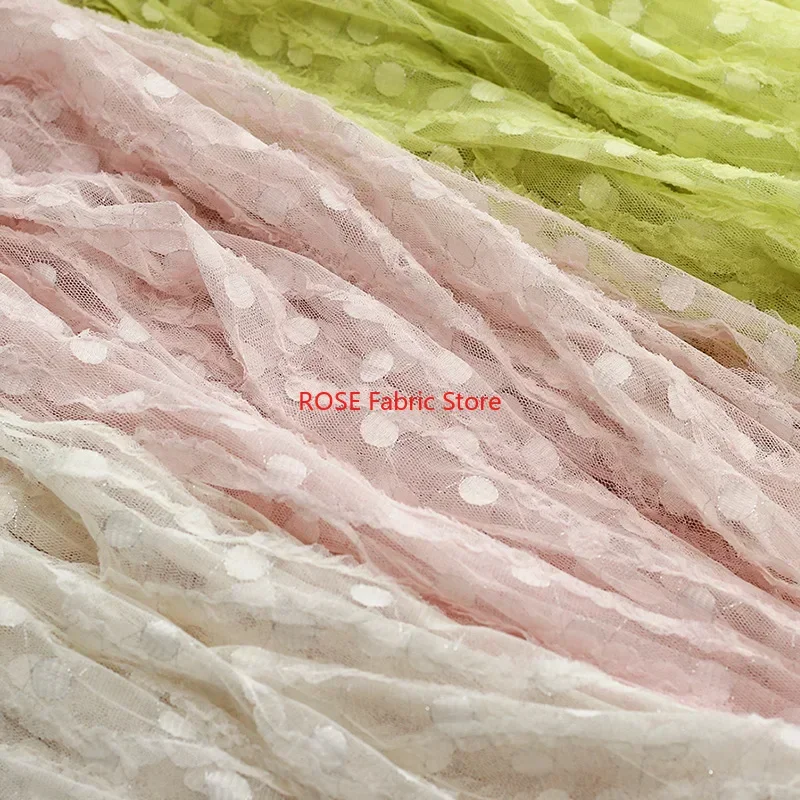 

3D dots Flower Embroidery Lace Fabric Striped Jacquard mesh tulle for Summer Dress, Vocation Dress, Beach Dress